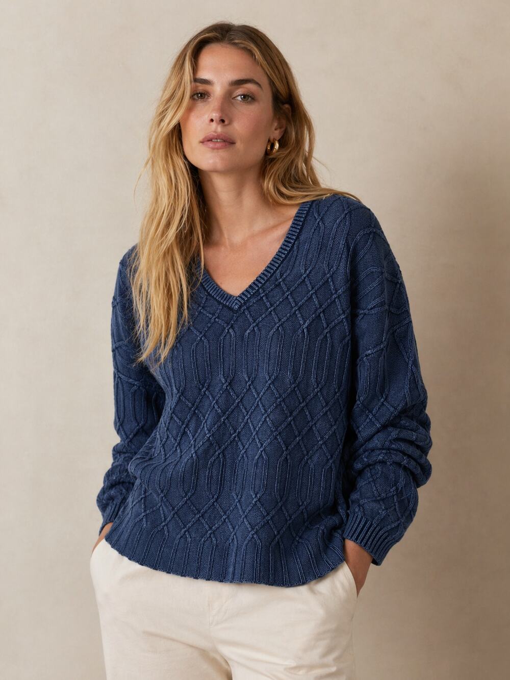 Natural Reflections Blue Cable Knit Cotton Sweater XL Nautical Coastal